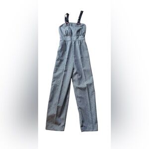 VTG Jackie O Railroad Stripe Overall Blue White Sz 11 JR Suspenders Straight Leg